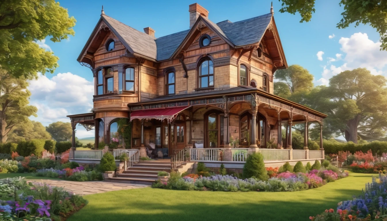 A beautifully restored Victorian-style farmhouse with elaborate architectural details and a well-maintained garden. Style of John William Waterhouse. Hyper realistic photo, vibrant colors, 16k