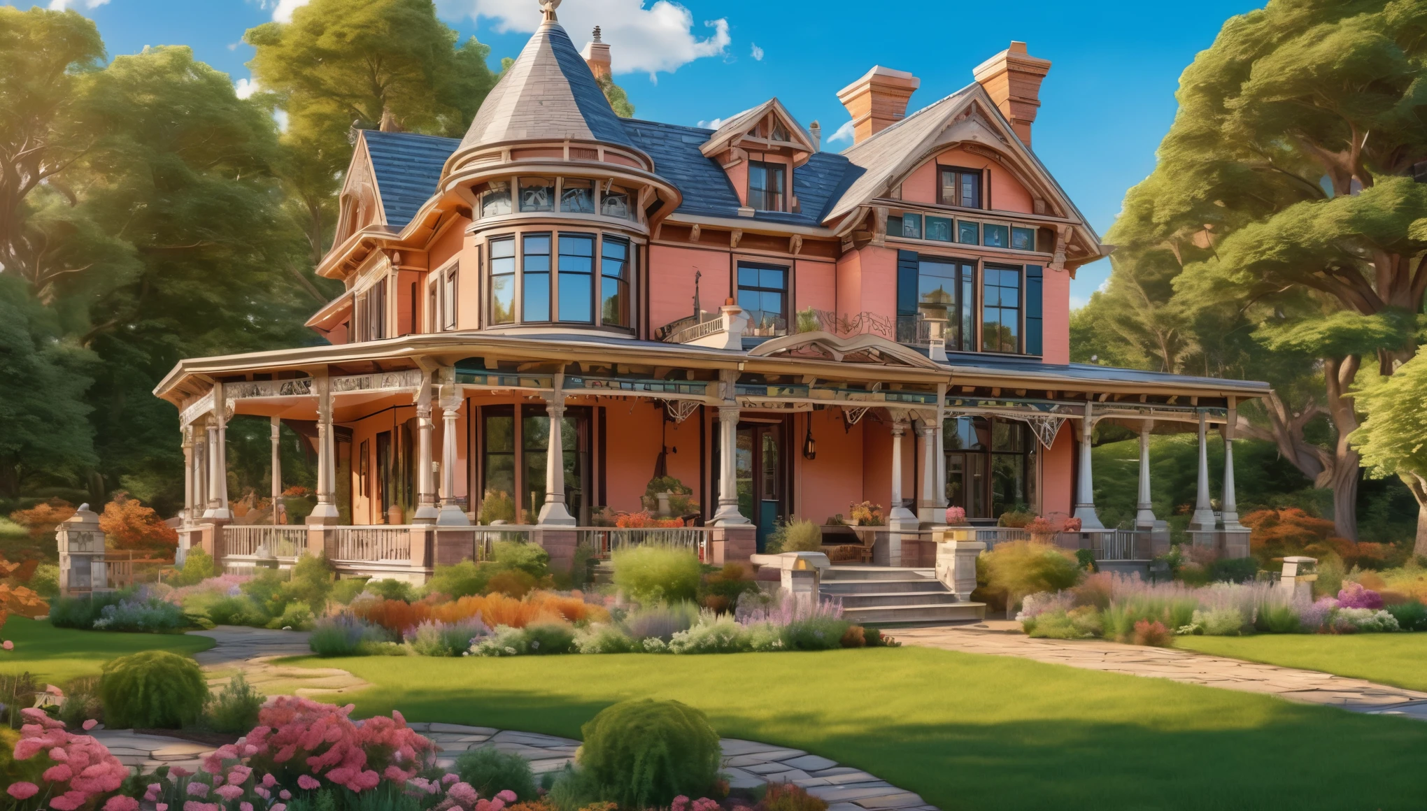 A beautifully restored Victorian-style farmhouse with elaborate architectural details and a well-maintained garden. Style of John William Waterhouse. Hyper realistic photo, vibrant colors, 16k