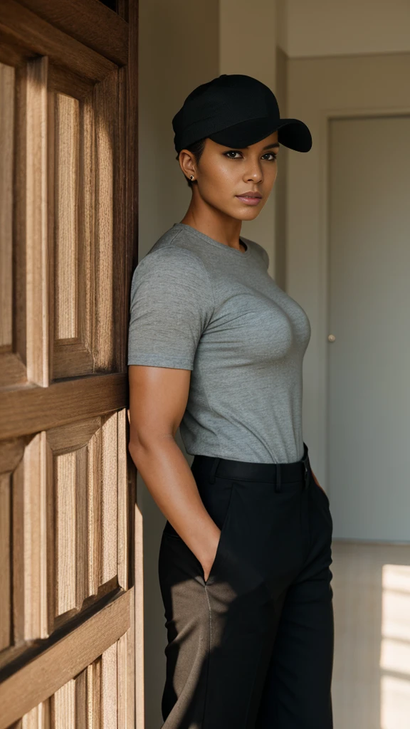 Short haired woman, tall, and muscular, wear a hat, black shirt, khaki trousers, and sneakers , standing in the house, facing forward, masculine pose, calm expression, detailed face, detailed background, bright light, sunlight