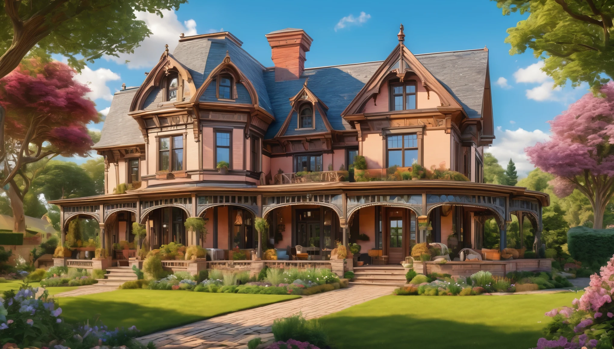 A beautifully restored Victorian-style farmhouse with elaborate architectural details and a well-maintained garden. Style of John William Waterhouse. Hyper realistic photo, vibrant colors, 16k