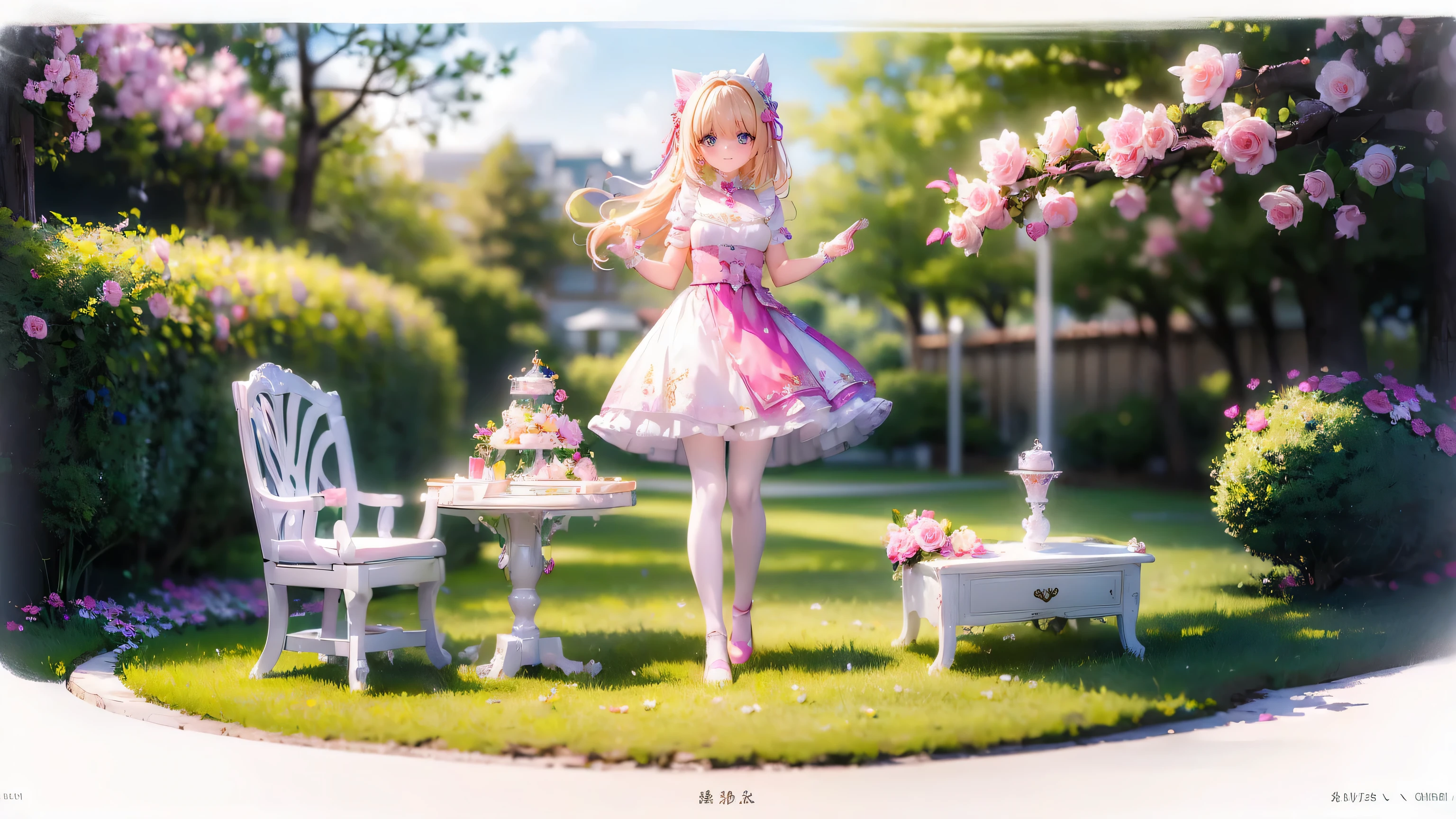 ((masterpiece,High resolution,8K quality,Very delicate,Highest quality)),girl,young girl,Chiquita,((Highly detailed face)),Goblins,Delicate eyes,(Eyes glowing pink, yellow, Blue and),(Hairstyle:naganami,Strong wavy hair,Soft wavy hair,blonde),Pointy Ears,Lens flare,white and pink lolita dress,White frills,Half bonnet with pink roses on white fabric,White panniers,Pink tights,A shy smile,Pink Rose Garden,Light of the sun,Pink petals,Sitting in a white chair,I read the book,