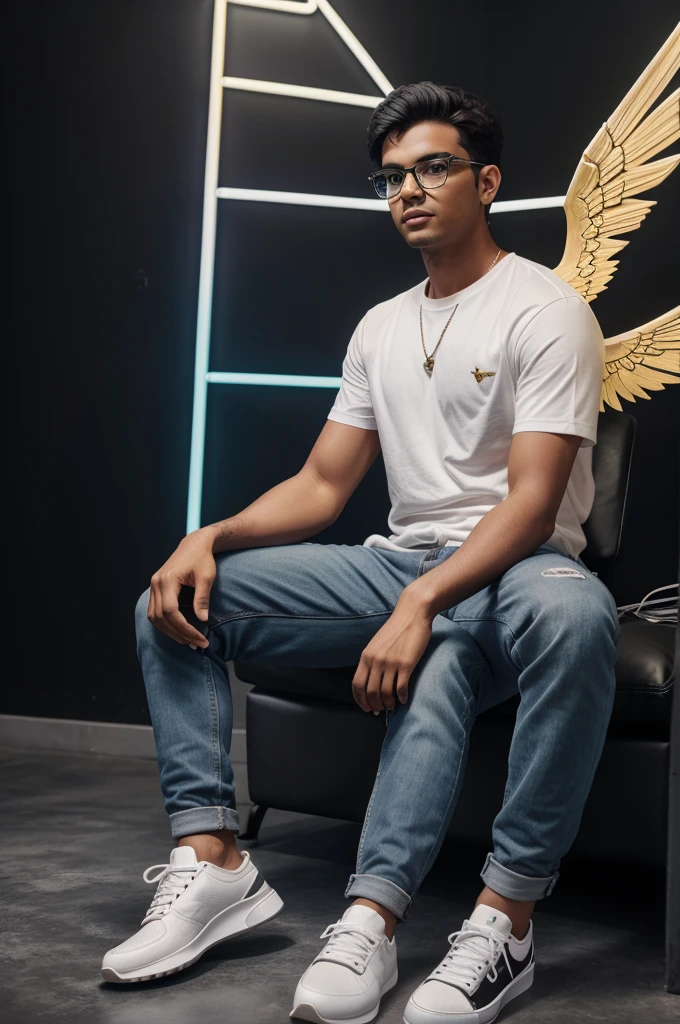 Create a 3D illusion for a profile picture where a 25 Year old cute boy in a white shirt Sitting casually on a Wingback Lamborghini. Wearing sneakers, glasses, he looks ahead. The background features “Sujan ” in big and capital Orange neon light fonts on the dark grey wall. There should not be his shadow, and there are wings to make it appear as if he is an angel