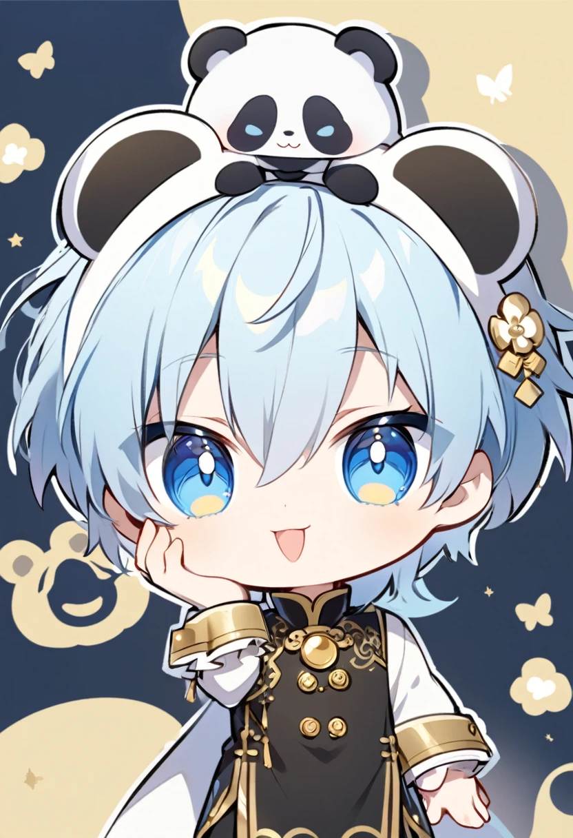 Create an anime-style illustration The character is in chibi style The character is a young man with short light blue hair and blue eyes He is wearing a black Chinese dress The dress has gold buttons and white cuffs Add a panda costume on top of the dress The character has a cheerful and slightly mischievous expression He has one hand on his face The background is pale yellow