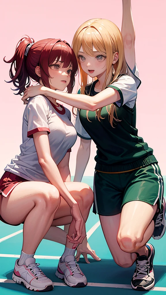 A male high school student in gym clothes and a female high school student in gym clothes are playing tennis together、Pastel painting style、Plain pastel pink background、cute anime illustration
