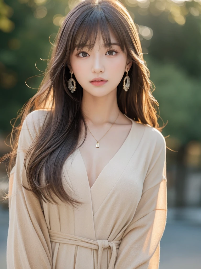  ((Highest quality, 8K, masterpiece:1.3)), concentrate: 1.2, Perfect body beauty: 1.4, Hips: 1.2, ((Long Hair, chest: 1.2)), (Dry clothes: 1.1) , (clear, Simple Background:1.3), Simple clothes: 1.1, Highly detailed face and skin texture,Delicate eyes, double eyelid, Whitened skin, Rough skin、Long Hair、Earrings with bangs、necklace、 solo、Beige coat、White shirt,  (((Beautiful girl with cute Japan)))、  ((Beautiful Japanese girl 20 years old))、 ((Baby Face))、 (((Slender body)))、  Upper Body，Face focus、necklace，Simple Background，From above， Realistic Hair、 A photograph was taken:Canon EOS R6、135mm、1/1250 seconds、f2.8、ISO400、(Detailed explanation of the hand)、(Masseter muscle area)、(Exquisite CG)、Long Hair, loose and curly hair、Korean Hair、Long Hair明るいベージュ色、グラデーションハイライトグレージュのゆるふわLong Hairスタイル、