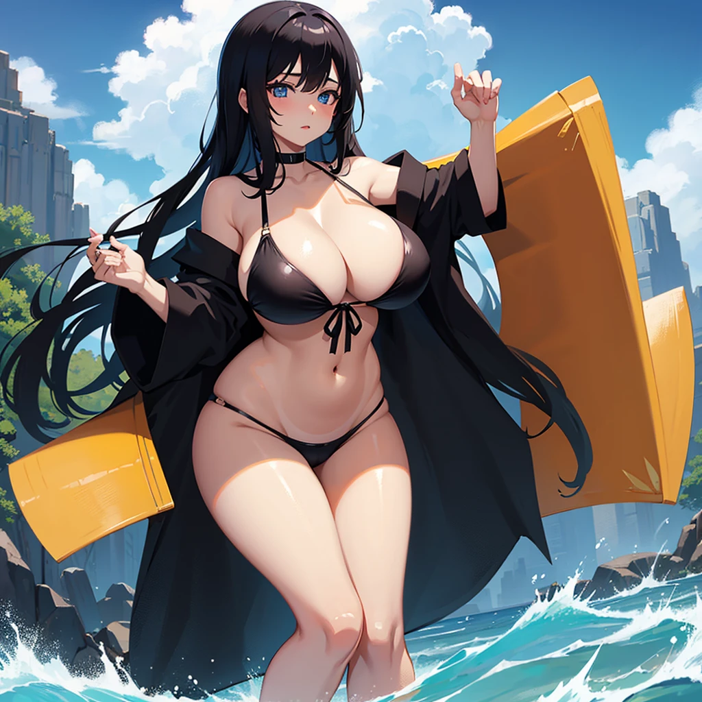Anime girl with big breasts and big thighs in bikini and black and tanline skin