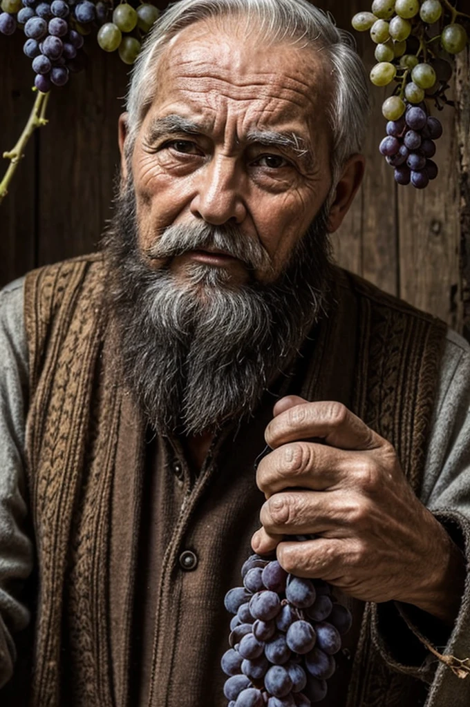 old man 80 years suffered beard large bunch of grapes near face