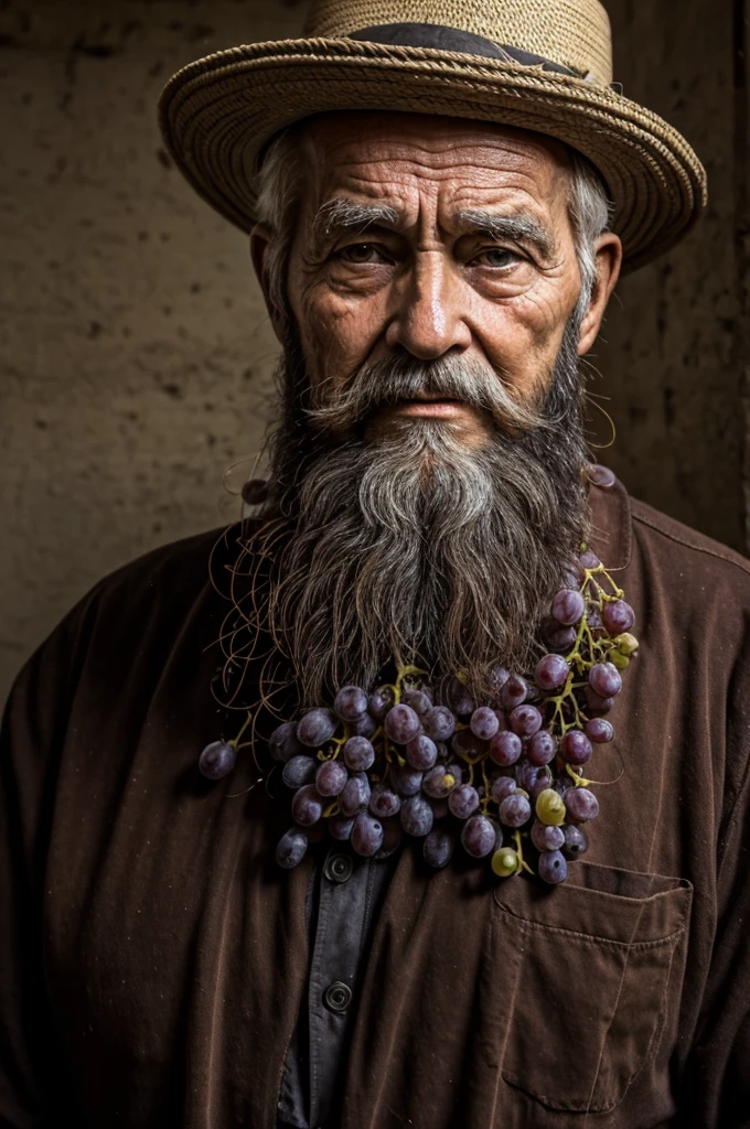 old man 80 years suffered beard large bunch of grapes near face