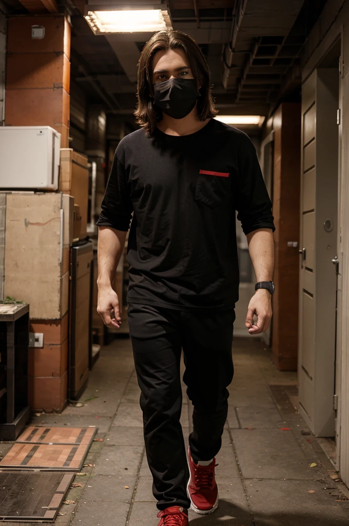 brown haired man wearing a mask, black shirt, red black pants, red shoes,minecraft