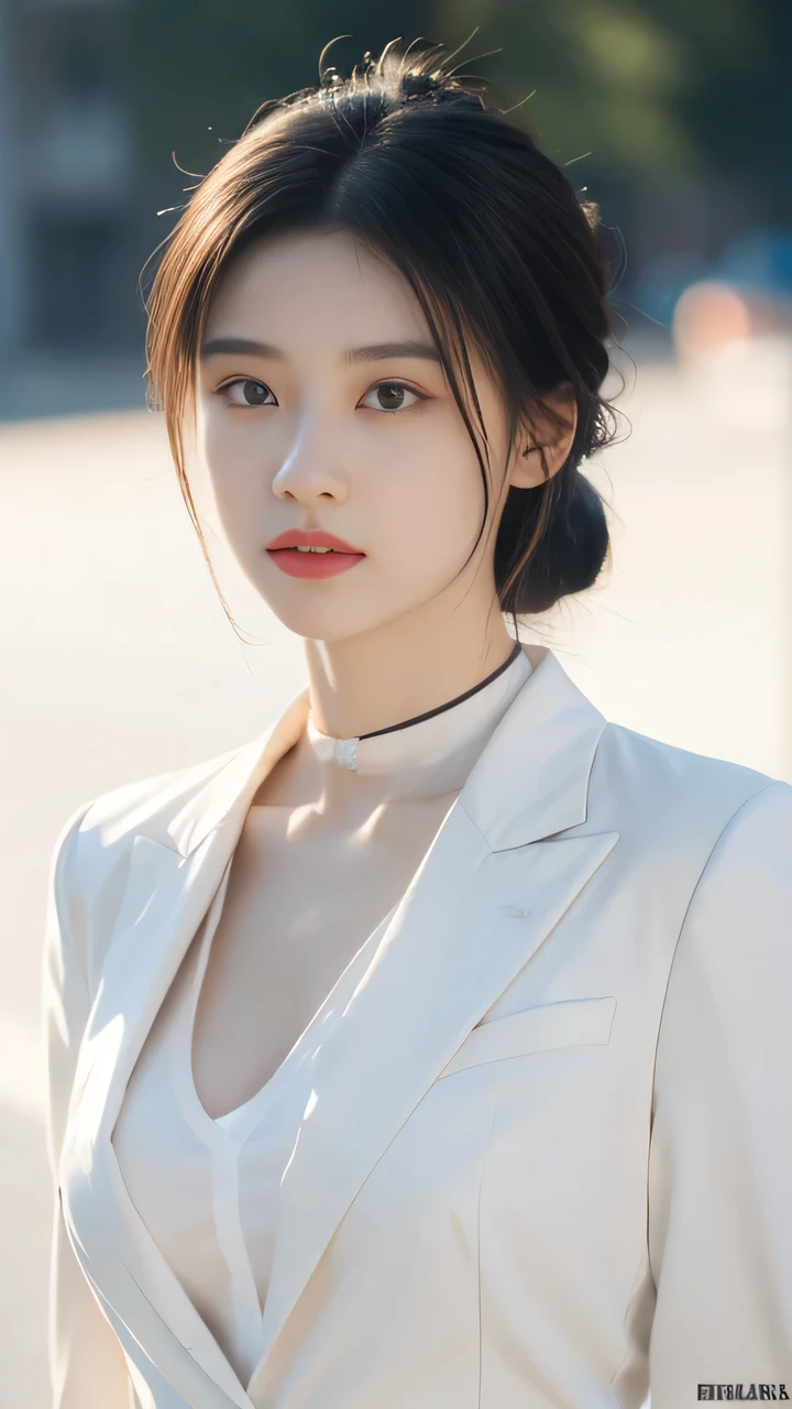 8K, Shining Sunshine, hair tied up, Professional photography, attractive face,Top quality, Beautiful lips, Very delicate and beautiful, Top quality, masterpiece, Ultra-high resolution, (Reality: 1.5), RAW photos, 1 girl, Suit with collar, Deep Shadows