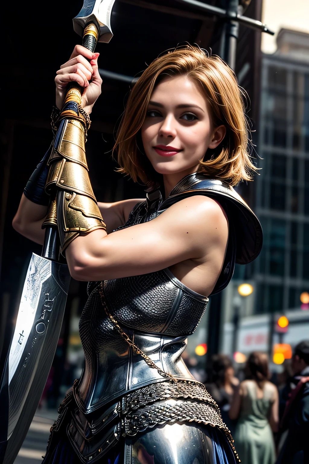 (masterpiece, photorealistic:1.4, extremely intricate:1.3, radiosity, photon mapping, dtx), ((20 year old athletic teenage supermodel, (smiling, happy, long eyelashes, makeup:1.0), (((renaissance armor:1.4, black chrome perfectchainmail, (arm raised wielding halberd axe))), gold filigree breastplate), red lips)), ((([skin detail:freckles:0.6], portrait, humid, glistening closeup))), outdoor, medieval crowded street, faraway horses, professional photograph, (((short bob [black hair:ginger hair:0.2])), wind), BREAK ((sunset), bokeh)
