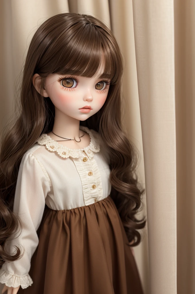 blythe doll pale skin dark brown eyes and big waves, dark brown with light golden highlights, mid length and short curtain bangs hair 