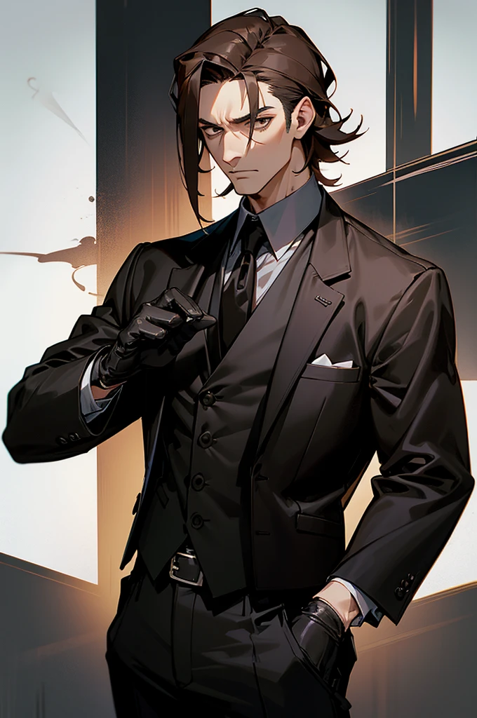 expressionless man、Black jacket、Vest、Black pants、leather gloves、tobacco、Double Block、Dark-haired、Gangster,Brown hair,45 years old,Build muscle