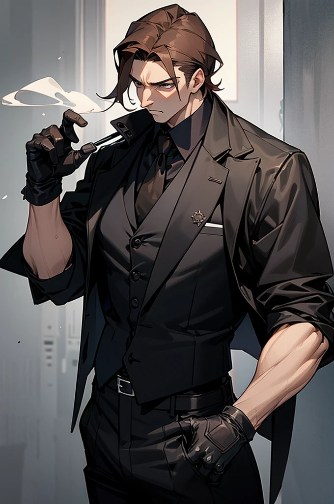 expressionless man、Black jacket、Vest、Black pants、leather gloves、tobacco、Double Block、Dark-haired、Gangster,Brown hair,45 years old,Build muscle