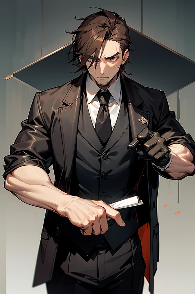 expressionless man、Black jacket、Vest、Black pants、leather gloves、tobacco、Double Block、Dark-haired、Gangster，Brown hair，45 years old，Build muscle