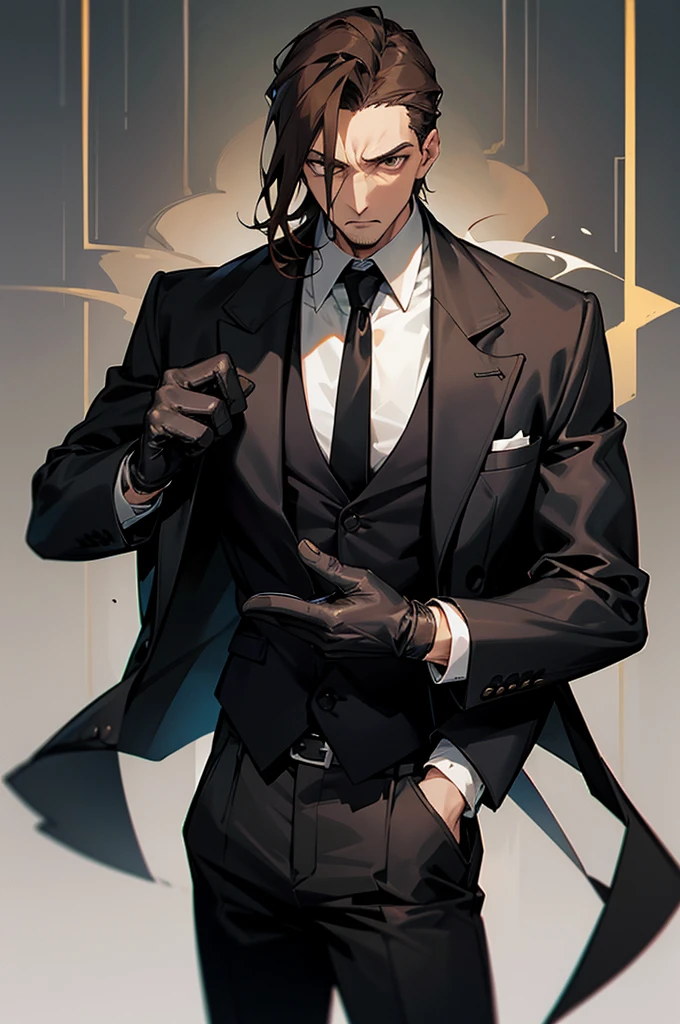 expressionless man、Black jacket、Vest、Black pants、leather gloves、tobacco、Double Block、Dark-haired、Gangster,Brown hair,45 years old,Build muscle