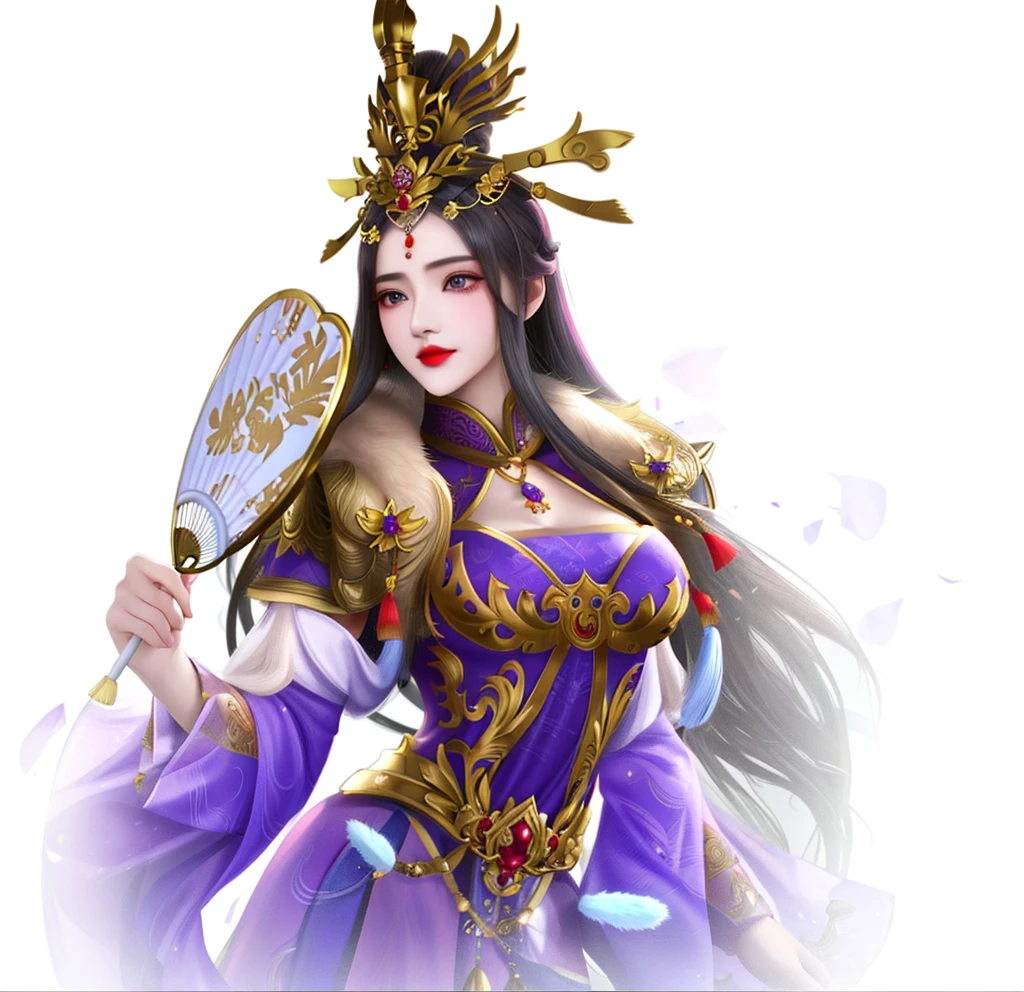 Standing with upper body, Honey, Solitary, Pale skin,Red Eyeshadow, Red lips,Mink shawl,Purple dress,Xian Xia,China,Holding a fan,Beautiful head crown,Golden decoration,Black long hair, masterpiece, high quality