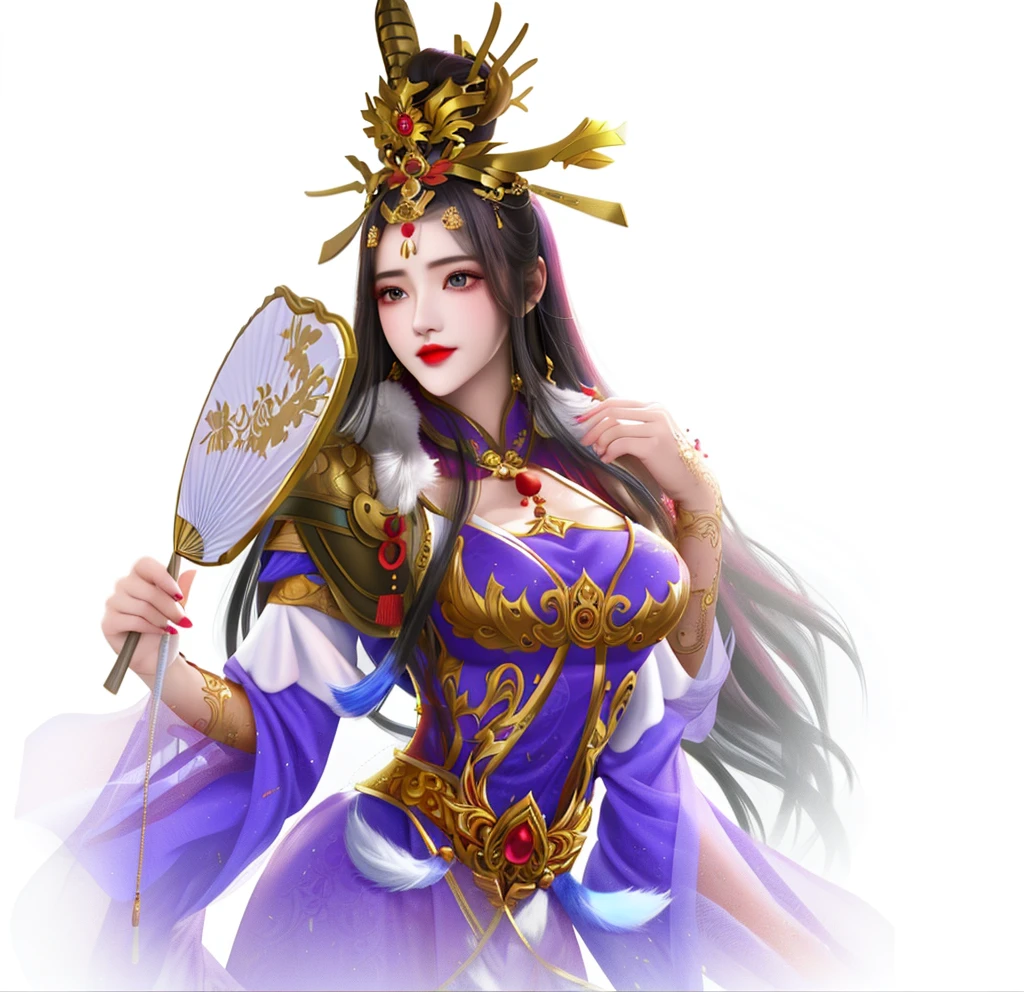 Standing with upper body, Honey, Solitary, Pale skin,Red Eyeshadow, Red lips,Mink shawl,Purple dress,Xian Xia,China,Holding a fan,Beautiful head crown,Golden decoration,Black long hair, masterpiece, high quality