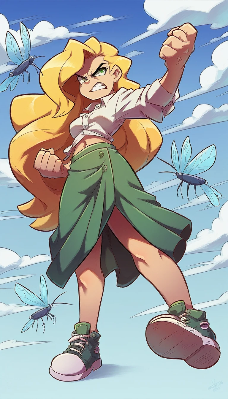 A tall girl, beautiful, angry, upset, face, angry, serious, long wavy yellow hair, her green eye, she wears a white shirt, button, tied knot, shows her navel, sexy curve, and her green skirt, wearing black heels, sneakers, flies, sky.