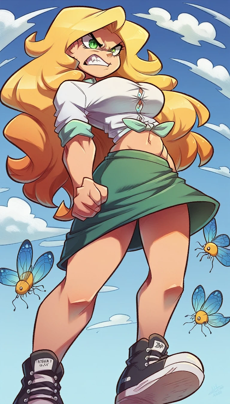 A tall girl, beautiful, angry, upset, face, angry, serious, long wavy yellow hair, her green eye, she wears a white shirt, button, tied knot, shows her navel, sexy curve, and her green skirt, wearing black heels, sneakers, flies, sky.
