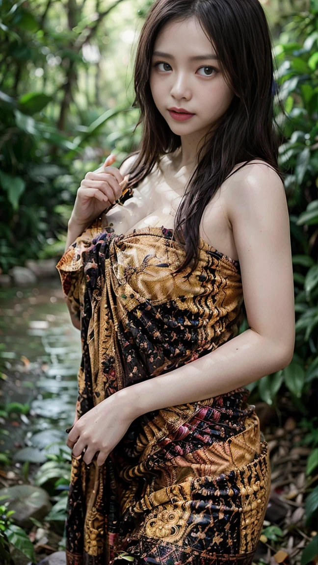 A film still of a girl try to escape from the dark forest, medium round breasts, , hands on hips, , horror theme, ((wear a batik patung dress)), messy long hairstyle, sweaty body, sweaty body, smiling, scared face, Prores lense, angle from below, dark green color grading, cinemascope, natural light, Dynamic shadows, (()), horror film, high quality, ultra detail, 8k, Panavision DXL2 camera, perfect hands, perfect fingers, attractive & seductive pose