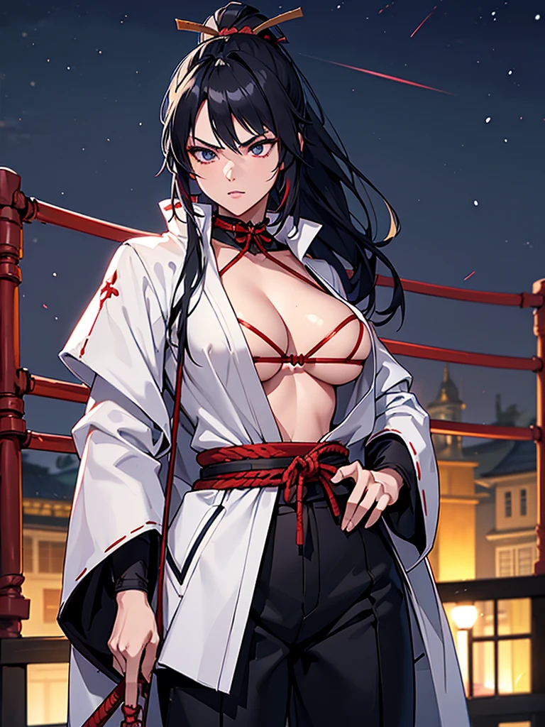 a female samurai, beautiful detailed eyes, beautiful detailed lips, extremely detailed face, long eyelashes,hyper realistic lighting,(super detailed:1.3),((best quality:1.2)),((masterpiece:1.2)),female focus,lonely beauty,(nighttime:1.6),(standing in a medieval European castle town),cowboy shot,cleavage,((red rope over bare breasts:1.125)),topknot,muted dark blue hair:1.1,(white samurai coat),(black samurai pants:1.3),(angry:1.05),(large sleeves),(katana sword on hip:1.06),(torn pants:1.2),open jacket,torso scars:1.2