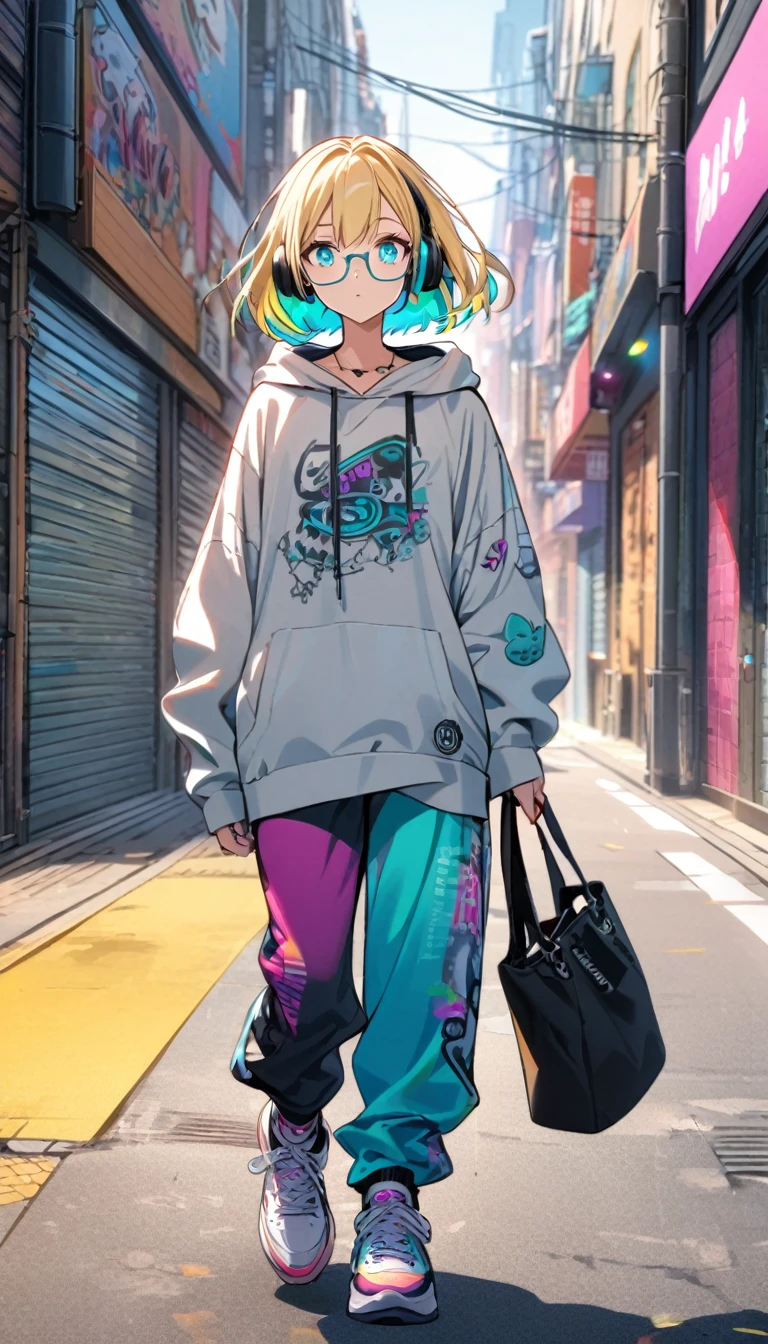 super delicate, 1girl, boyish, wearing glasses, aqua eyes, blond hair, short hair, colorful inner hair, headphone, hoodie, long pants, sneakers, street