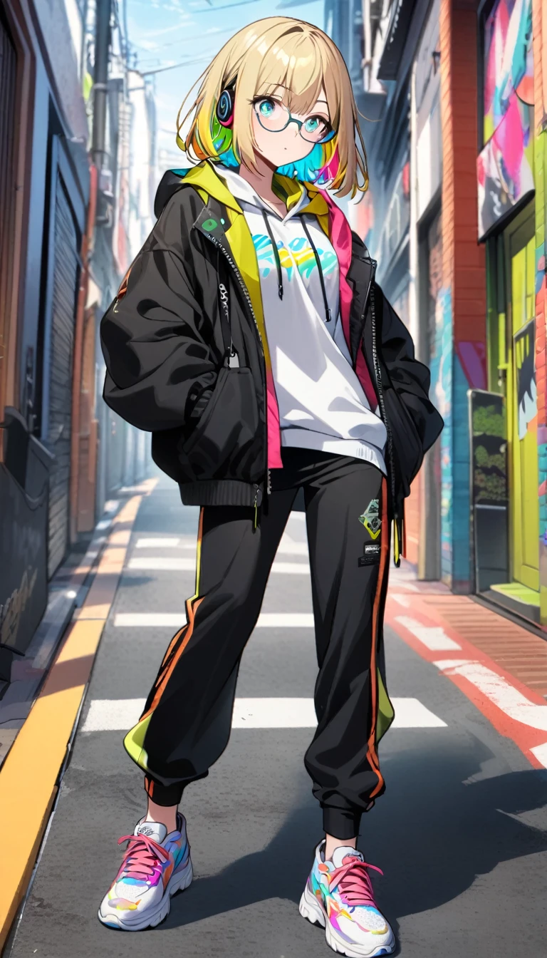 super delicate, 1girl, boyish, wearing glasses, aqua eyes, blond hair, short hair, colorful inner hair, headphone, hoodie, long pants, sneakers, street