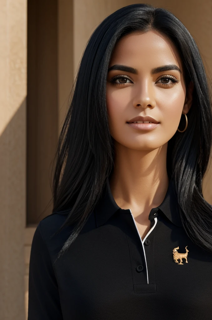 Woman with black hair, polo with Masad name photo realistic
