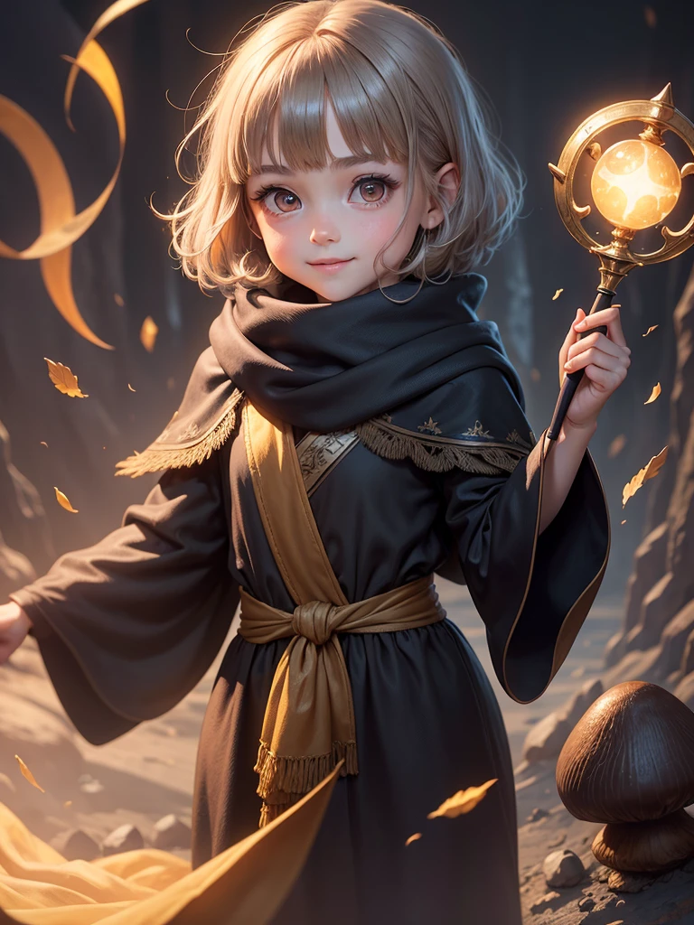 Best picture quality, role-playing game world, lovely five-year-old girl, ochre-colored mushroom-cut hairstyle, amazingly large shining eyes holding a magic wand and wearing a black scarf and gray robe-like clothes, long eyelashes, neat , friendly and bright smile, braveand accompanied by a wizard and a warrior,