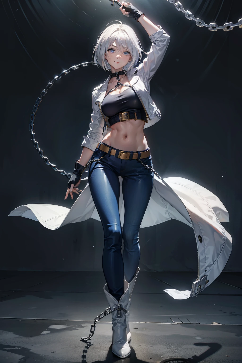 (masterpiece), best quality, silver eyes, perfect face, highres, 1girl, solo, angelms, white hair, white jacket, jeans, fingerless gloves, atacking pose, dancing around chains, evil smile, long boots, fanstasy background, cowboy shot, fullbody shot, looking at the viewer, from front, holding chain whips, long chain whip