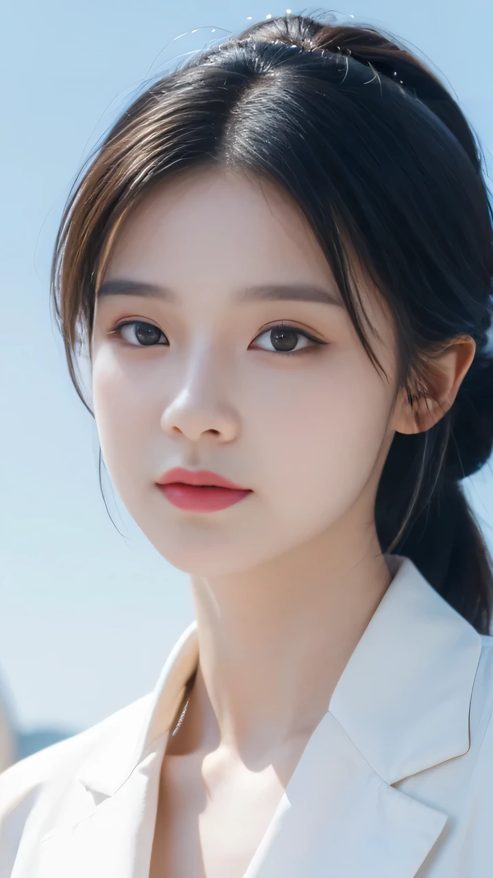 8K, Shining Sunshine, hair tied up, Professional photography, attractive face,Top quality, Beautiful lips, Very delicate and beautiful, Top quality, masterpiece, Ultra-high resolution, (Reality: 1.5), RAW photos, 1 girl, Suit with collar, Deep Shadows