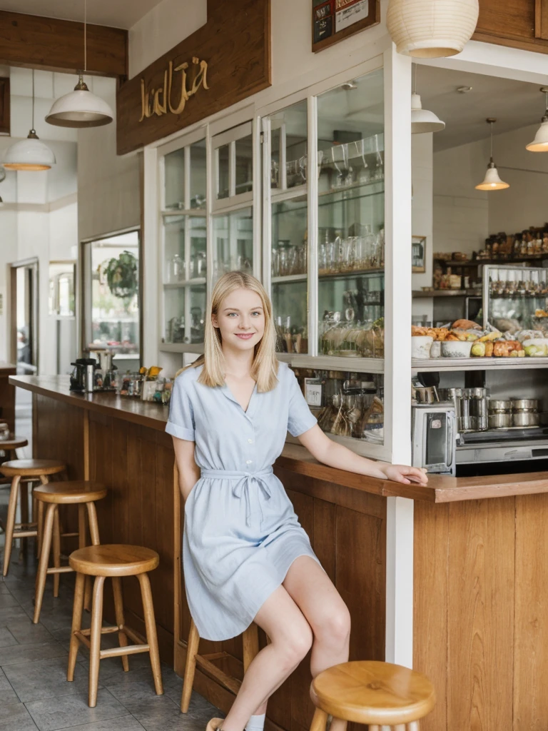 her name is Marie, high quality, 1girl, ((20-year-old fit Caucasian woman)), ((20 years old)), ((fit)), ((pale skin tone)), medium length straight blonde hair , wearing Pastel Lavender Linen Wrap Dress, pose: sitting on a chair, background: Write about the nostalgic feel of a vintage diner, with neon signs, vinyl booths, and a counter lined with stools, where locals gather for hearty breakfasts and milkshakes.
