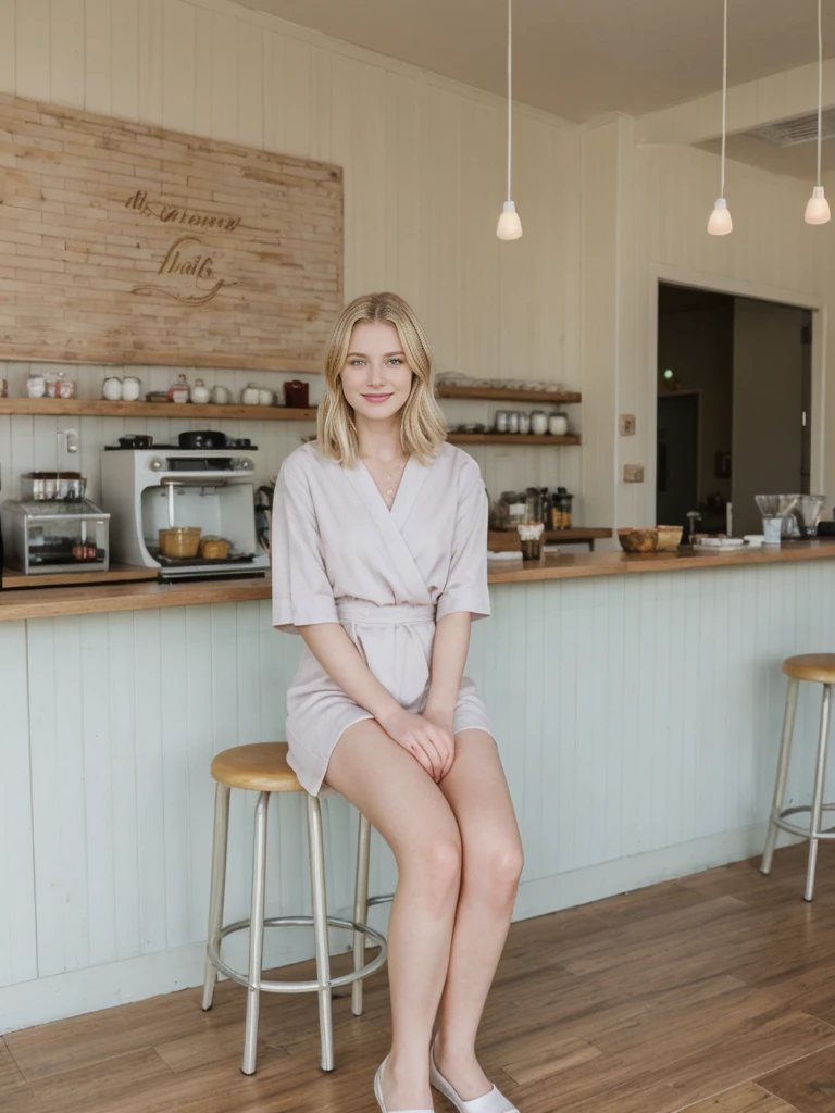 her name is Marie, high quality, 1girl, ((20-year-old fit Caucasian woman)), ((20 years old)), ((fit)), ((pale skin tone)), medium length straight blonde hair , wearing Pastel Lavender Linen Wrap Dress, pose: sitting on a chair, background: Write about the nostalgic feel of a vintage diner, with neon signs, vinyl booths, and a counter lined with stools, where locals gather for hearty breakfasts and milkshakes.