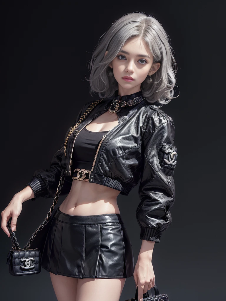 (((masterpiece)), ((best quality)), (ultra-detailed), ((extremely detailed)), 4K, (8K), best quality, a beautiful woman, (( gray hair)), ((curly bob cut)), hair in 7 thirds, light blue eyes, detailed skin, freckled skin, 20 years old, ((wavy hair)), ((hair over one ear)), ((Forehead)), ((1girl, solo)), 　Standing, (top: tight black double jacket with gold buttons, bottoms: black tights under black mini skirt), ((holding one black Chanel bag)), gorgeous, ((cowboy shot)), posing like a model, cool vibe, ((big black flower background)), looking at me, various angles
