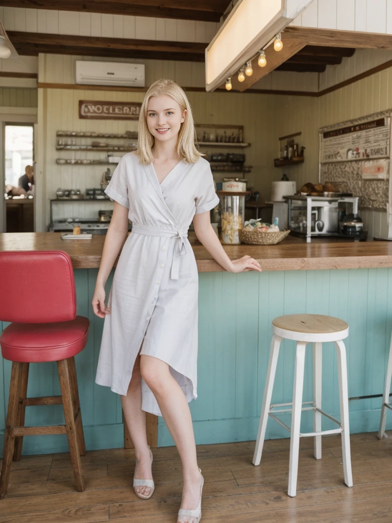 her name is Marie, high quality, 1girl, ((20-year-old fit Caucasian woman)), ((20 years old)), ((fit)), ((pale skin tone)), medium length straight blonde hair , wearing Pastel Lavender Linen Wrap Dress, pose: sitting on a chair, background: Write about the nostalgic feel of a vintage diner, with neon signs, vinyl booths, and a counter lined with stools, where locals gather for hearty breakfasts and milkshakes.