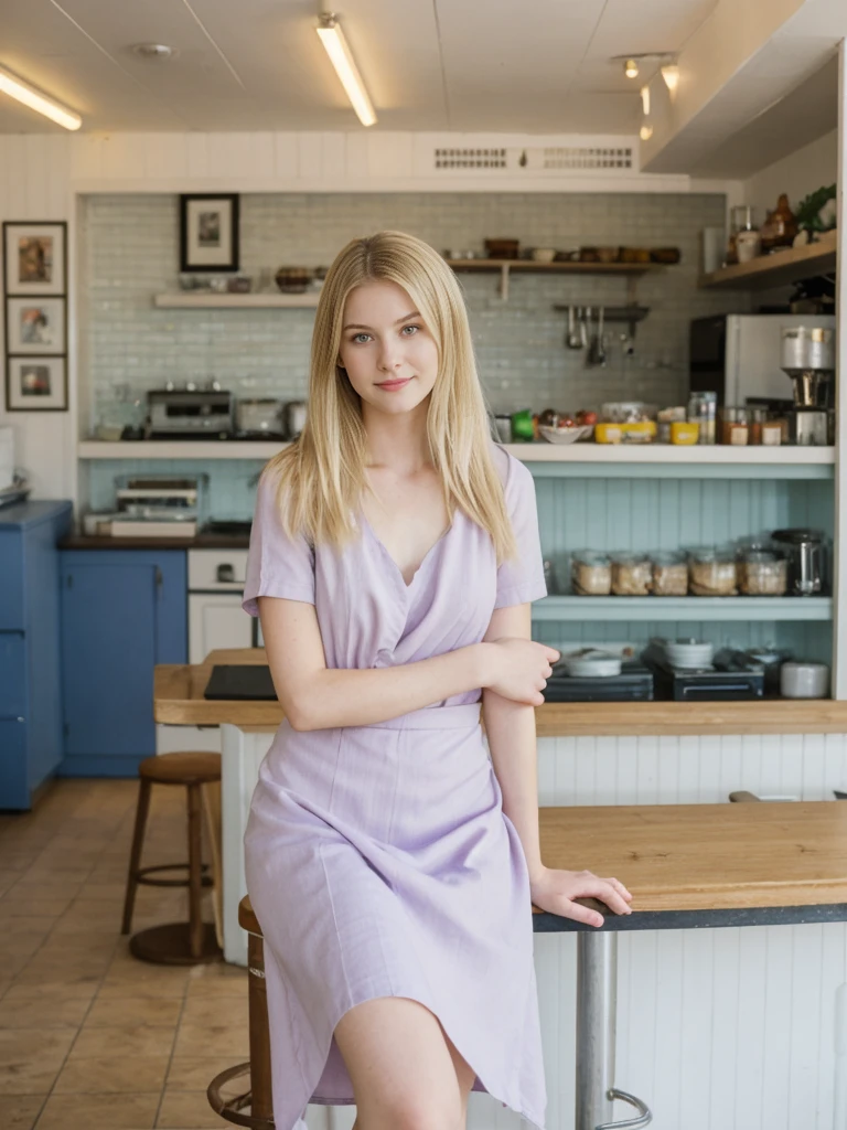 her name is Marie, high quality, 1girl, ((20-year-old fit Caucasian woman)), ((20 years old)), ((fit)), ((pale skin tone)), medium length straight blonde hair , wearing Pastel Lavender Linen Wrap Dress, pose: sitting on a chair, background: Write about the nostalgic feel of a vintage diner, with neon signs, vinyl booths, and a counter lined with stools, where locals gather for hearty breakfasts and milkshakes.