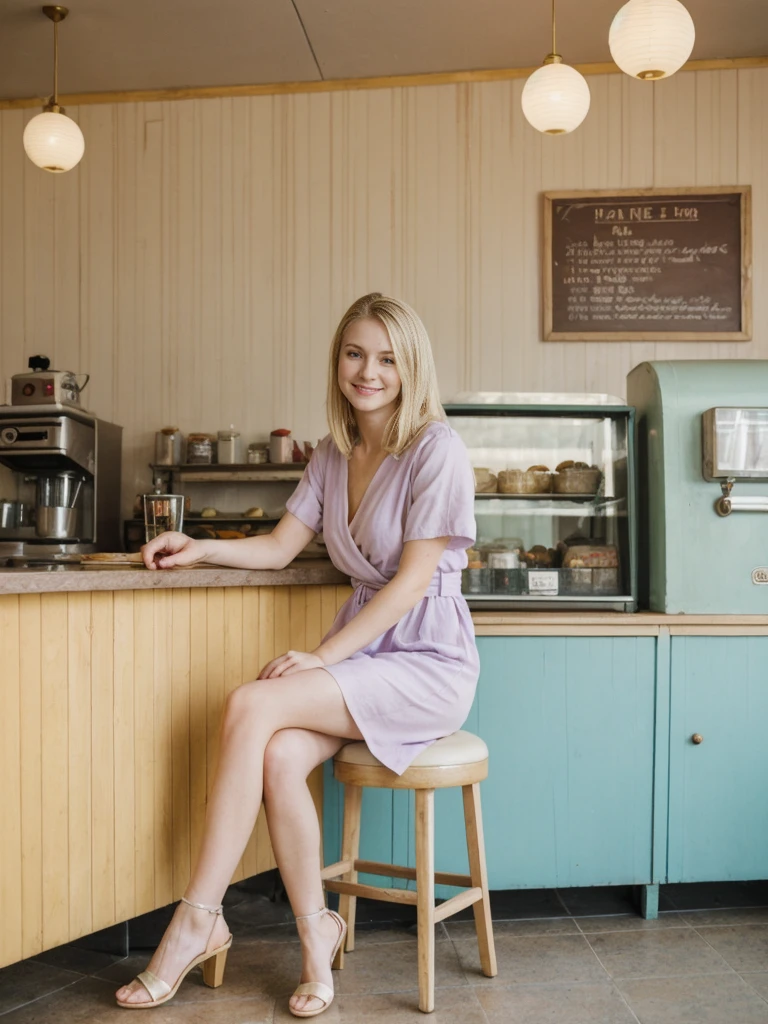 her name is Marie, high quality, 1girl, ((20-year-old fit Caucasian woman)), ((20 years old)), ((fit)), ((pale skin tone)), medium length straight blonde hair , wearing Pastel Lavender Linen Wrap Dress, pose: sitting on a chair, background: Write about the nostalgic feel of a vintage diner, with neon signs, vinyl booths, and a counter lined with stools, where locals gather for hearty breakfasts and milkshakes.
