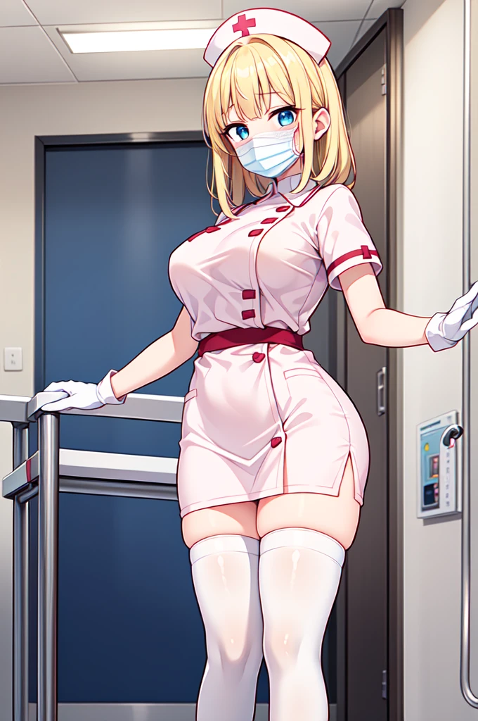 1woman, solo, nurse, white nurse cap, white nurse uniform, ((white legwear, zettai ryouiki)), white gloves, blonde hair, blue eyes, ((white surgical mask, covered nose)), standing, ((hospital room)), sharp outline, short sleeves, mature female, 35 years old, best quality, masterpiece