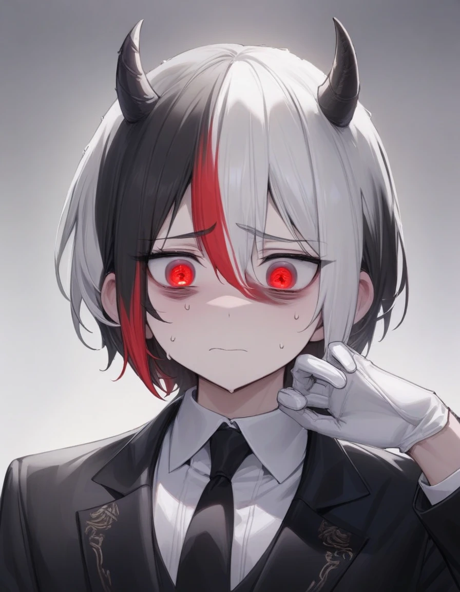 Masterpiece, detailed, Best Quality, black suit and tie , white gloves , black and white hair , multicolor fur , half and half hair , red eye color , worried , Chico , short hair , 2 horns , Alone , black pantaloon , elegant