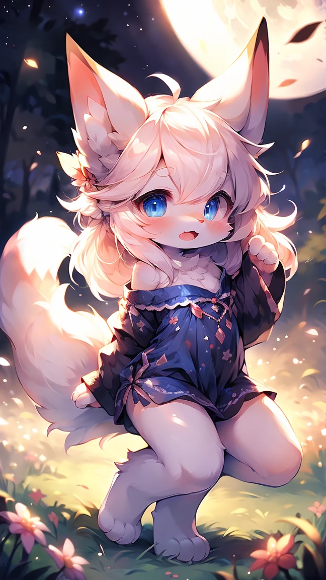 Extremely detailed, beautiful, Fair, masterpiece, best quality, Calming color palette, Peace of mind,White flull,fluffy white tail, blush,HD Wallpapers,16k resolution, Deep blue eyes,Like the eyes of the galaxy,hairy尾巴,Pink cat ears,Plush body,paw,hairy,浑身hairy,Long legs,blush,Open your mouth,Loose clothing,Off-shoulder,White hair,grassland,moonlight,fox,like,charming,Long legs,cute,White Silk