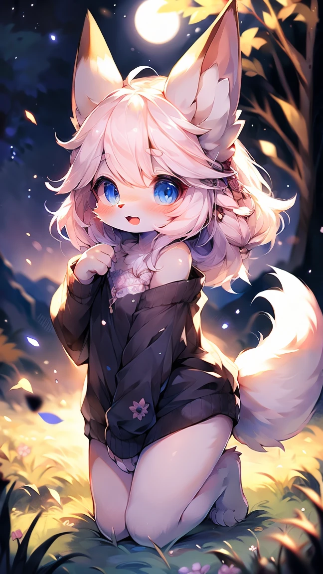 Extremely detailed, beautiful, Fair, masterpiece, best quality, Calming color palette, Peace of mind,White flull,fluffy white tail, blush,HD Wallpapers,16k resolution, Deep blue eyes,Like the eyes of the galaxy,hairy尾巴,Pink cat ears,Plush body,paw,hairy,浑身hairy,Long legs,blush,Open your mouth,Loose clothing,Off-shoulder,White hair,grassland,moonlight,fox,like,charming,Long legs,cute,White Silk