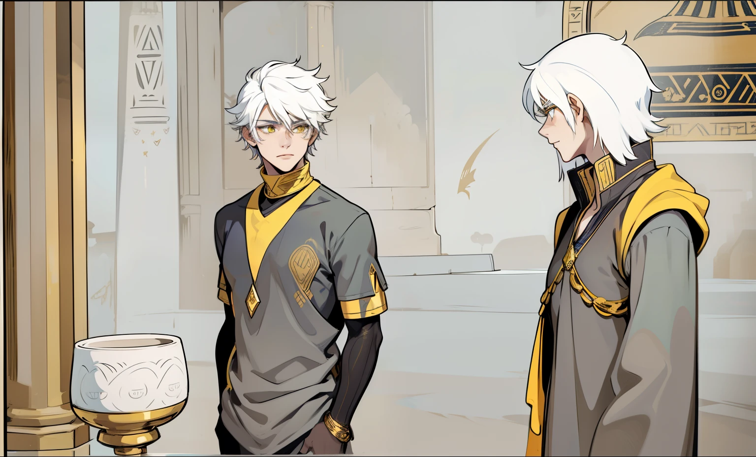 There are two demigods, they are 18 years old, white hair, yellow eyes, golden jewelry, black and yellow tunics. , They are talking seriously thoughtful, They are in a room in a palace in ancient Egypt.