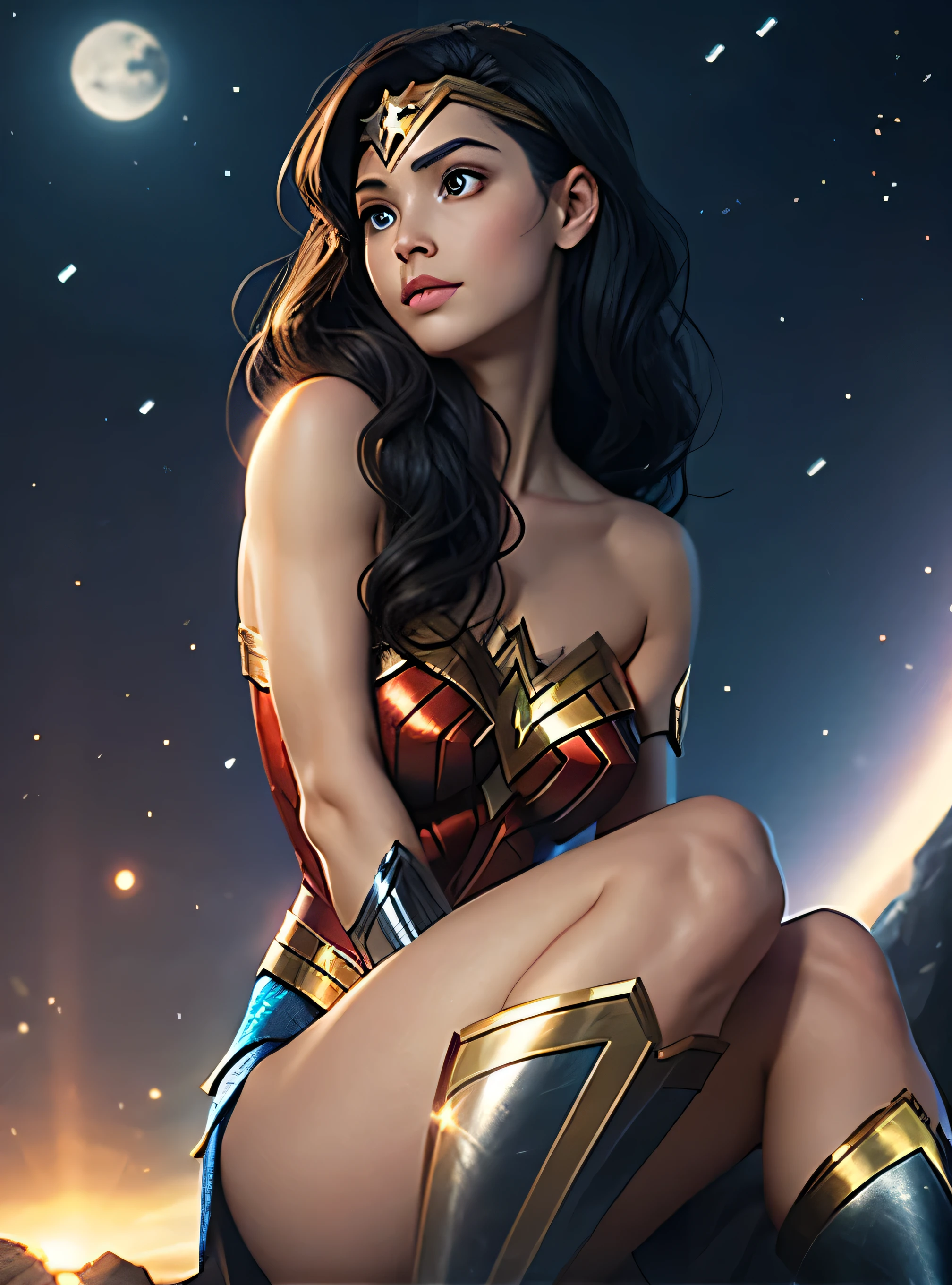 The character Wonder Woman, perfect costume, hyperrealism, star in the sky background 