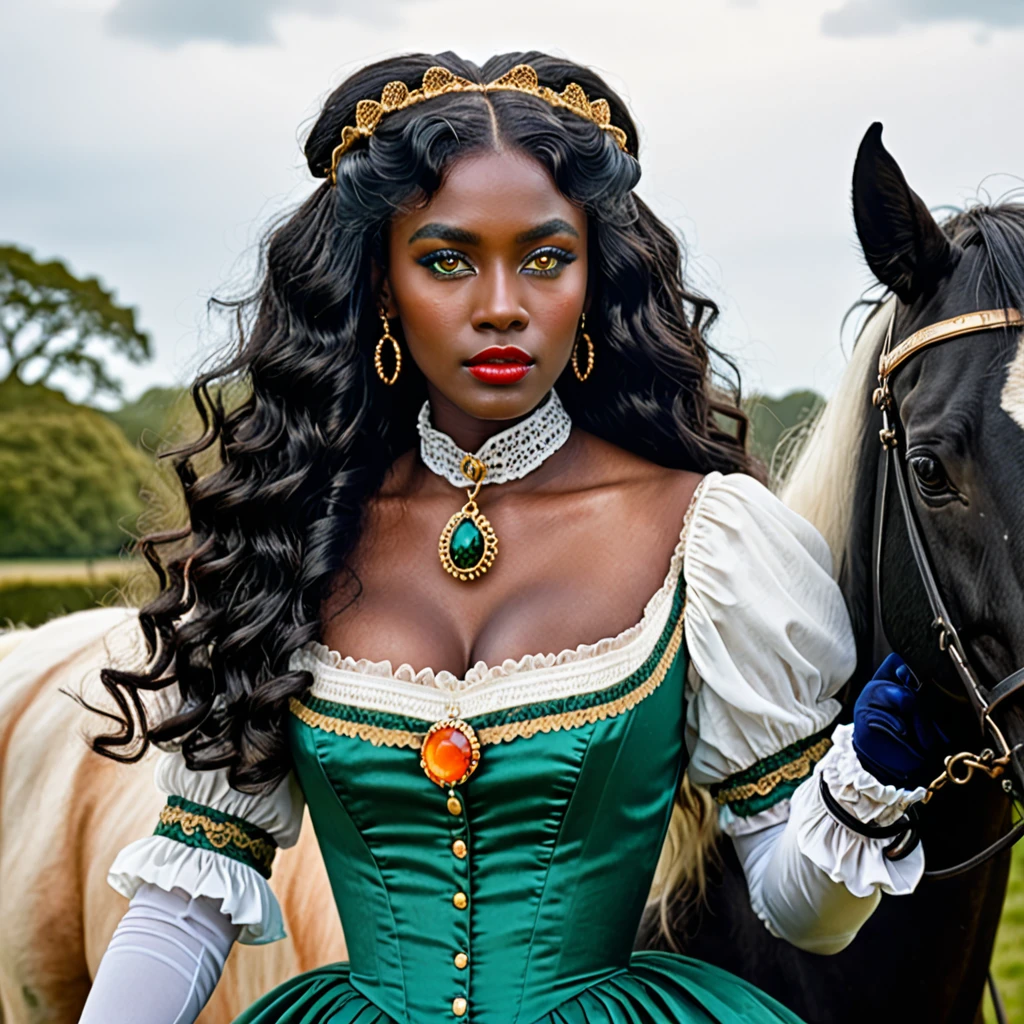 dark skin woman, with orange eyes, green and blue victorian era dress, with long wavy black hair, short black gloves on hands, a red ring on her finger, lips a little wide, golden hoops in her ears, with a completely white horse at his side