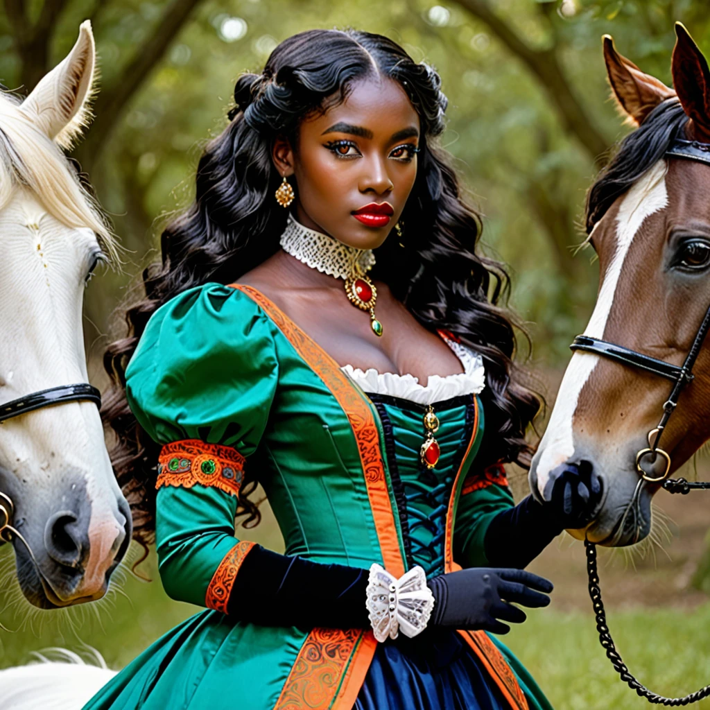dark skin woman, with orange eyes, green and blue victorian era dress, with long wavy black hair, short black gloves on hands, a red ring on her finger, lips a little wide, golden hoops in her ears, with a completely white horse at his side