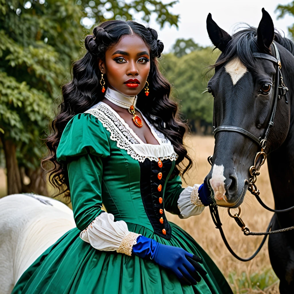 dark skin woman, with orange eyes, green and blue victorian era dress, with long wavy black hair, short black gloves on hands, a red ring on her finger, lips a little wide, golden hoops in her ears, with a completely white horse at his side