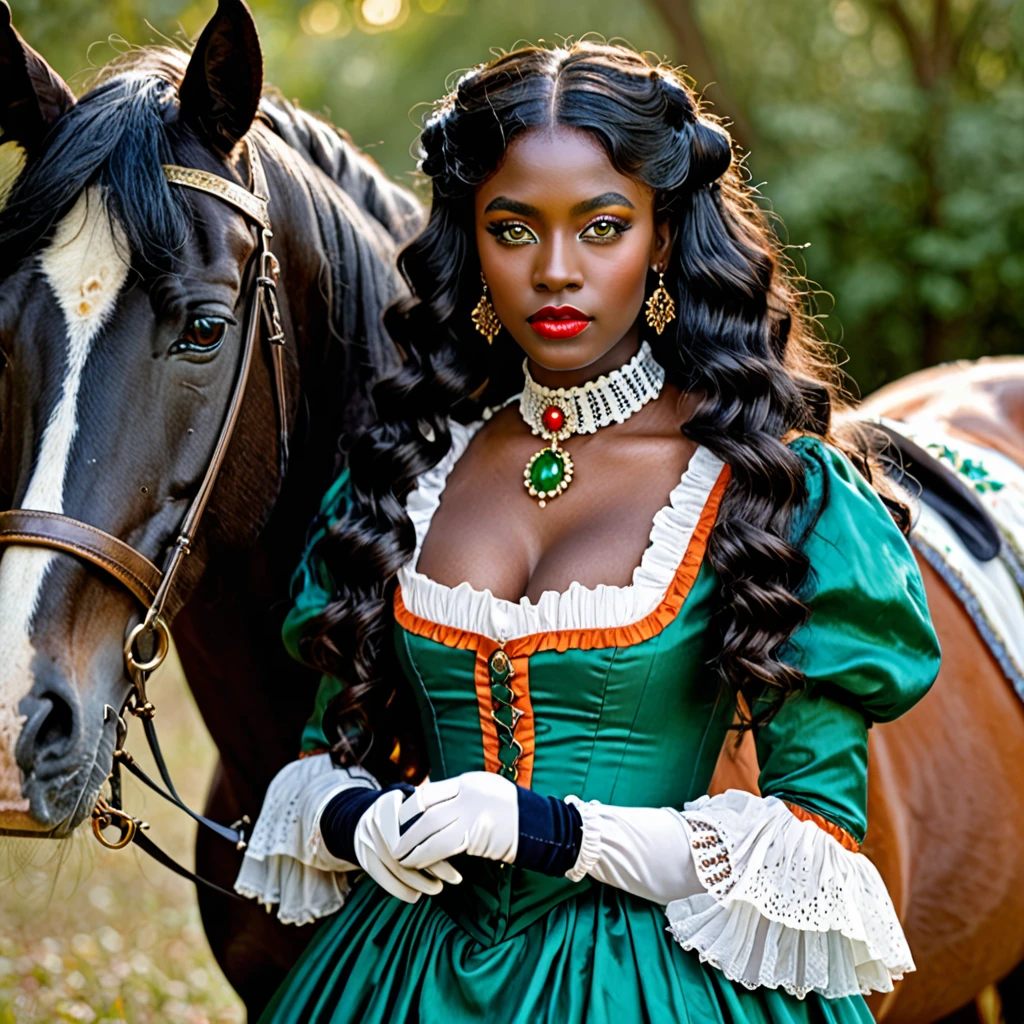 dark skin woman, with orange eyes, green and blue victorian era dress, with long wavy black hair, short black gloves on hands, a red ring on her finger, lips a little wide, golden hoops in her ears, with a completely white horse at his side