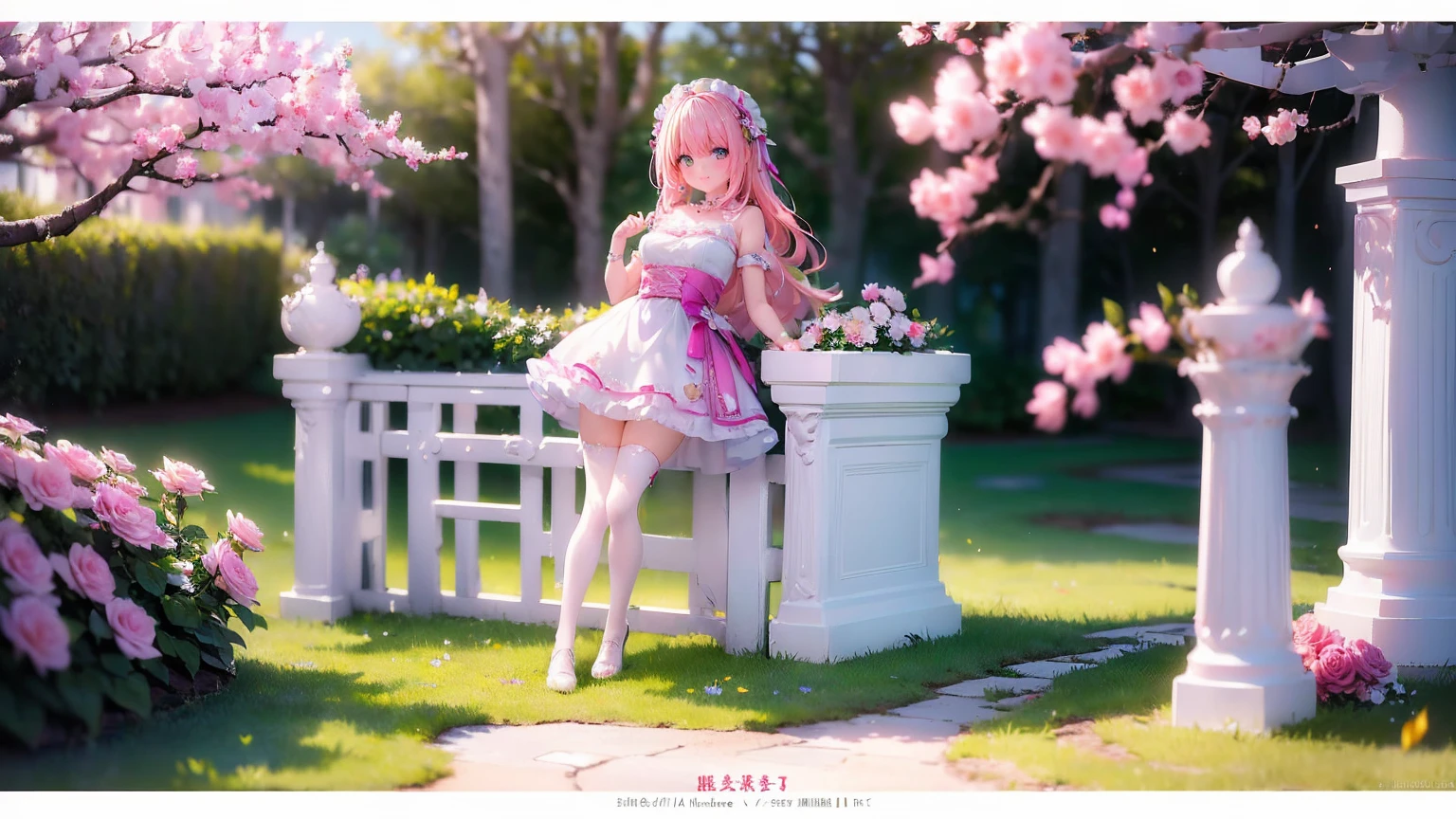 ((masterpiece,High resolution,8K quality,Very delicate,Highest quality)),girl,young girl,Chiquita,((Highly detailed face)),Goblins,Delicate eyes,(Eyes glowing pink, yellow, Blue and),(Hairstyle:naganami,Strong wavy hair,Soft wavy hair,blonde),Pointy Ears,Lens flare,white and pink ta dress,White frills,Half bonnet with pink roses on white fabric,White panniers,Pink tights,A shy smile,Pink Rose Garden,Light of the sun,Pink petals,Sitting in a white chair,I read the book,