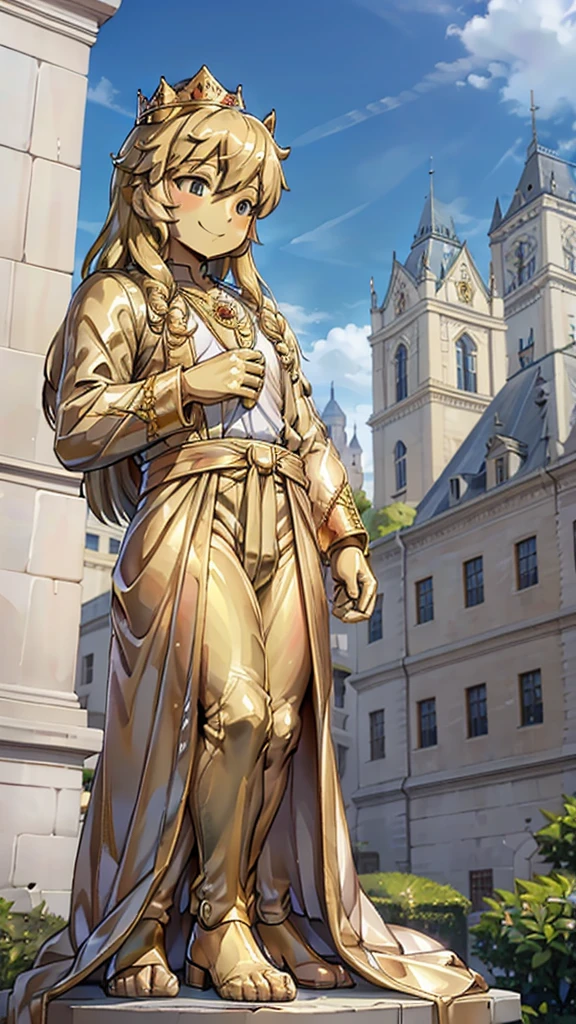 王子的Gold statue，Prince style，Prince costume，宫廷Dress，Gold statue，男孩的Gold statue，带着黄金冠冕的Gold statue，脚边停着一只燕子的Gold statue，Golden Boy Statue，Gold statue，Long hair，Dress，Dress，西式宫廷男士Dress，Cute boy，British style，Victorian style，crown，crown，Golden Boy Sculpture，Golden Boy Statue，Gold statue，Gold statue，Giant golden statue，Giant golden statue，Outdoor Background，Smiling statue，